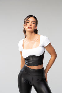 Scooped Neck Ribbed Top, leather bottom - White and Black