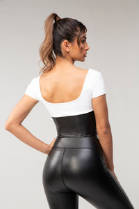 Scooped Neck Ribbed Top, leather bottom - White and Black