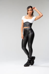 Scooped Neck Ribbed Top, leather bottom - White and Black