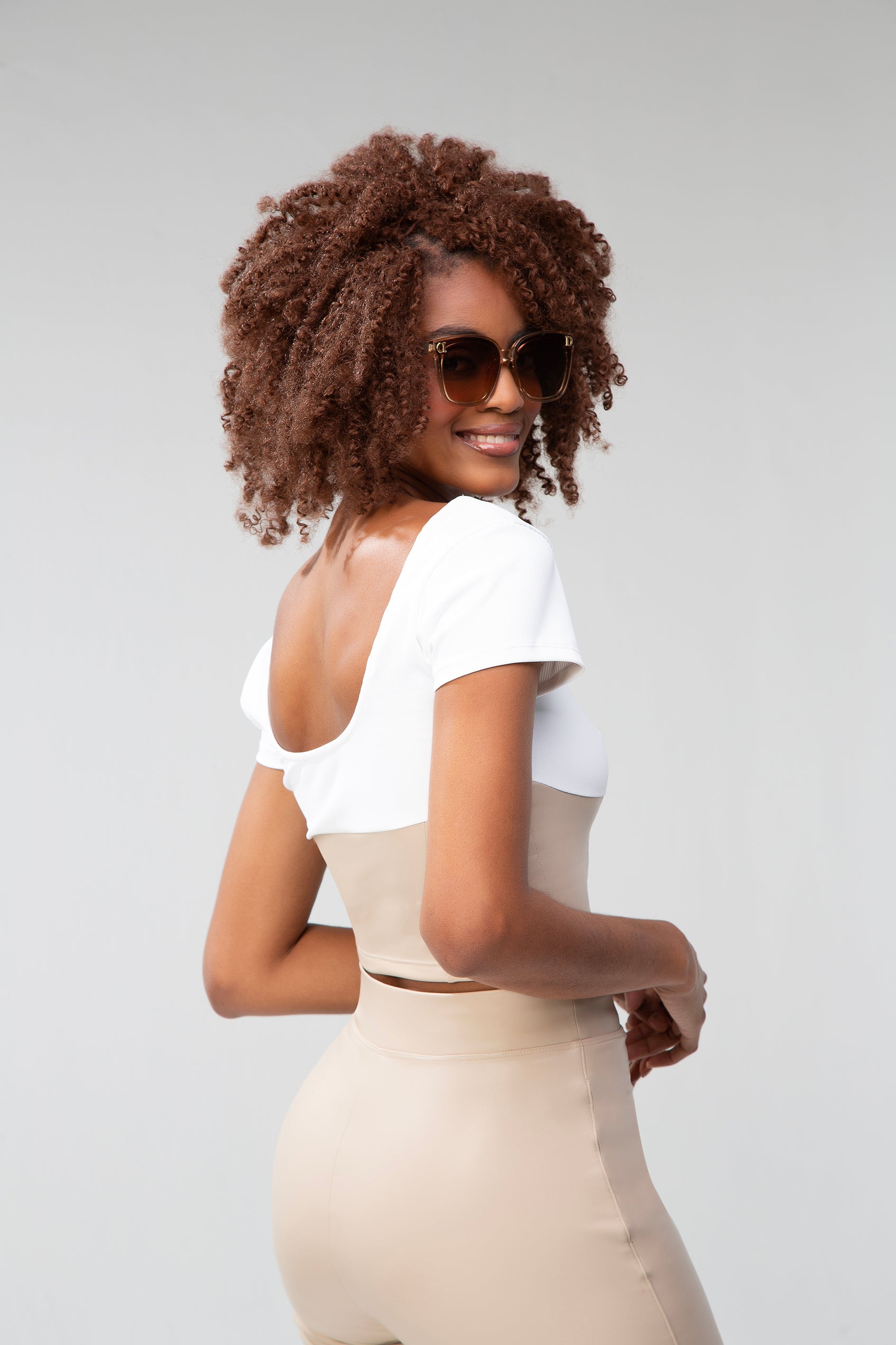 Scooped Neck Ribbed Top, leather bottom - White and Beige Oatmeal