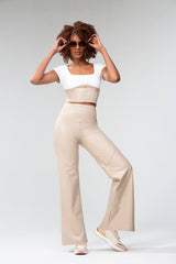 Scooped Neck Ribbed Top, leather bottom - White and Beige Oatmeal