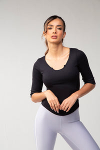 Ribbed Henley  Top 3/4 Sleeve - Black