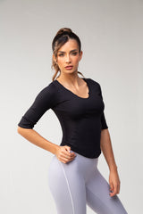 Ribbed Henley  Top 3/4 Sleeve - Black