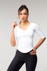 Ribbed Henley  Top 3/4 Sleeve - White