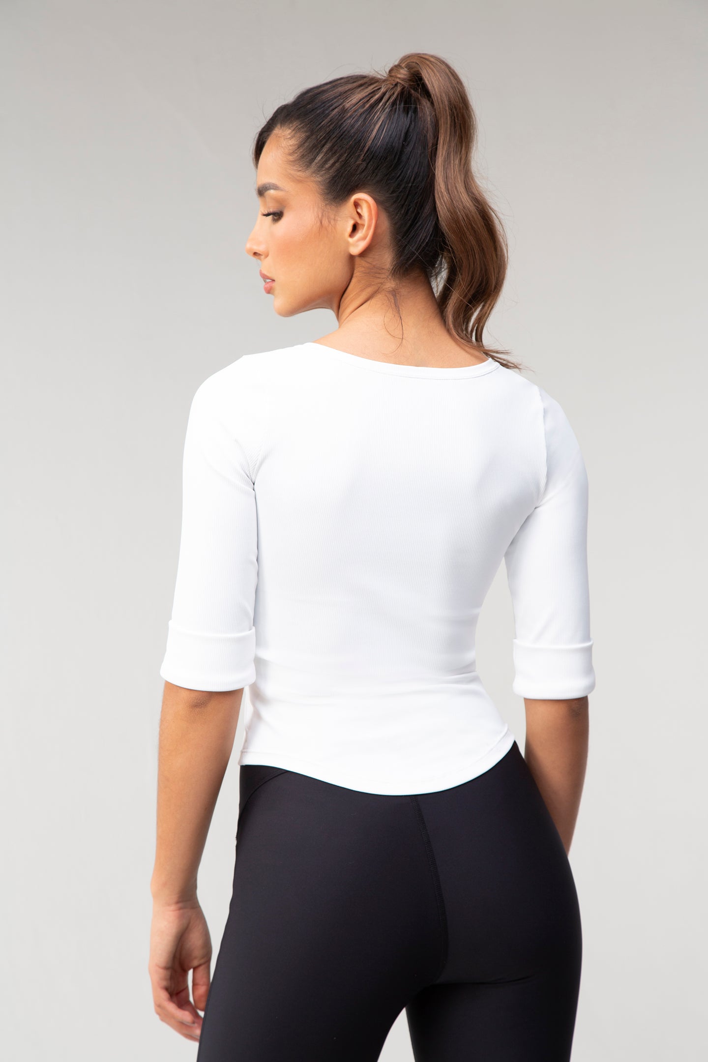 Ribbed Henley  Top 3/4 Sleeve - White