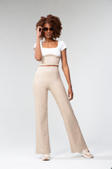 High-Waisted Vegan Leather Pants- Beige Oatmeal